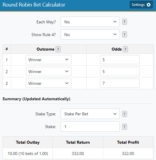 picture of a Round Robin calculator with odds of 5, 5 & 7 entered for 3 horses & this shows returns of £332 if all three horses win